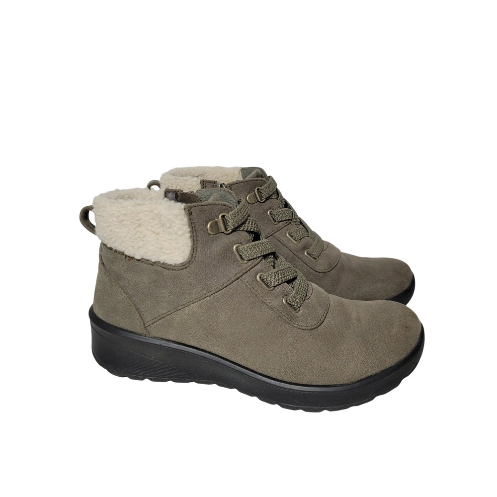 Bzees Generation Boots Women Size 6 M Olive Green Faux Fur Side Zip Ankle Bootie